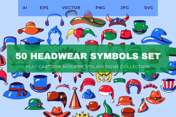 50 Cartoon Headwear Symbols Set for Branding and Packaging