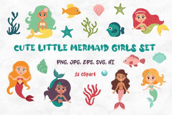 Cute Little Mermaid Girls Set for Branding and Design