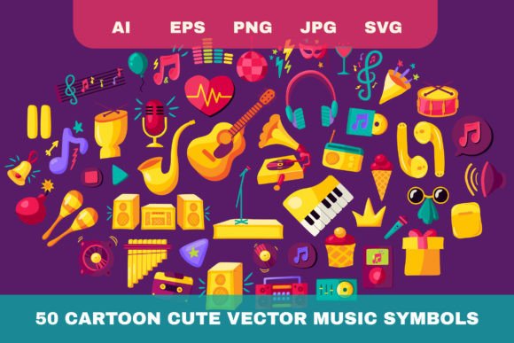 Musical Party Symbols Cartoon Set for Graphics and Illustrations