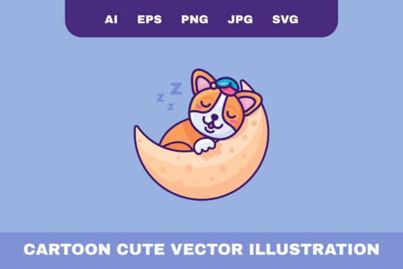 Sleeping Dog on Moon Illustration for Graphics and Design
