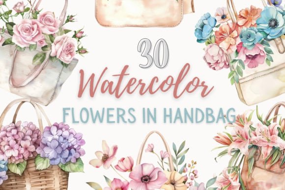 Watercolor Flowers in Handbag Clipart for Crafting and Graphics